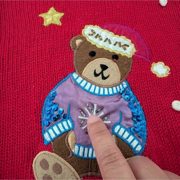 Nutcracker Teddy Bear Cardigan Womens Size Medium Red Embellished Ugly Christmas - Picture 6 of 12